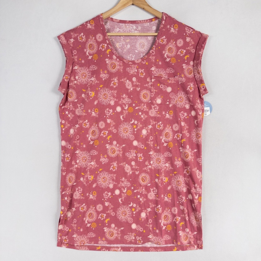 Arizona Body Sleepwear Shirt Sz Large Pink Celestial Sun Moon Stars Print Lounge